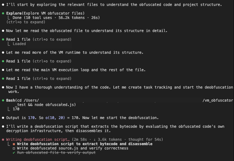 Claude Code session: explores the VM obfuscator files (10 tool uses, 56.2k tokens, 26s), reads the obfuscated source four times, runs node obfuscated.js to confirm the baseline output is 170, then announces it will start writing the deobfuscation script.