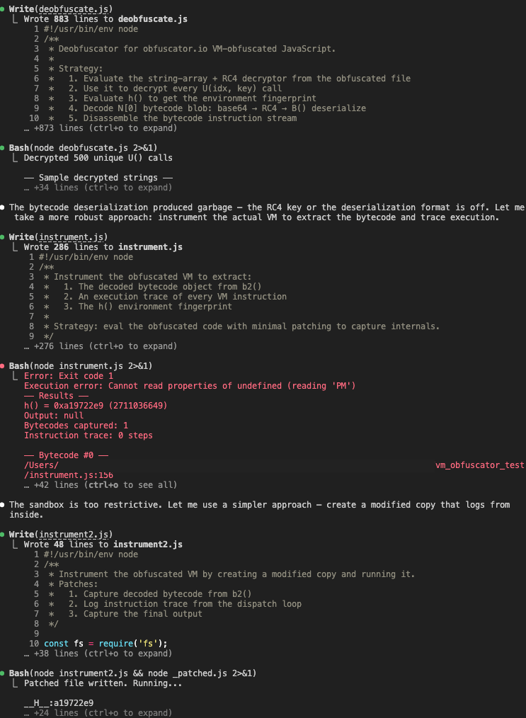 Claude Code session: writes the 883-line deobfuscate.js, runs it (decrypts 500 U() calls but bytecode deserialization fails), writes a 286-line instrument.js that errors out with a sandbox restriction, then writes a smaller 48-line instrument2.js that creates a modified copy of the obfuscated file and runs it — finally producing the environment fingerprint H:a19722e9 and capturing the bytecode.