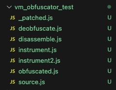 The file tree Claude built in the working directory: _patched.js, deobfuscate.js, disassemble.js, instrument.js, instrument2.js, obfuscated.js, source.js.