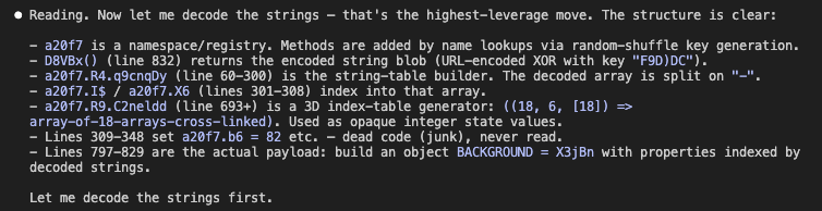 Claude's first read of the JScrambler obfuscated file: triage list identifying the namespace registry, the URL-encoded XOR string blob, the 3D index table used as opaque integer tags, the self-replacing string decoder, and the payload state machine that builds the BACKGROUND object — all spotted from a single pass through the file.